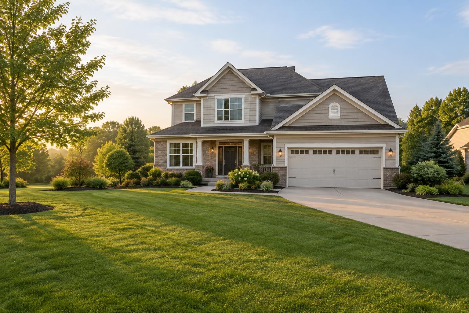 A modern two-story home with a stone facade and a two-car garage